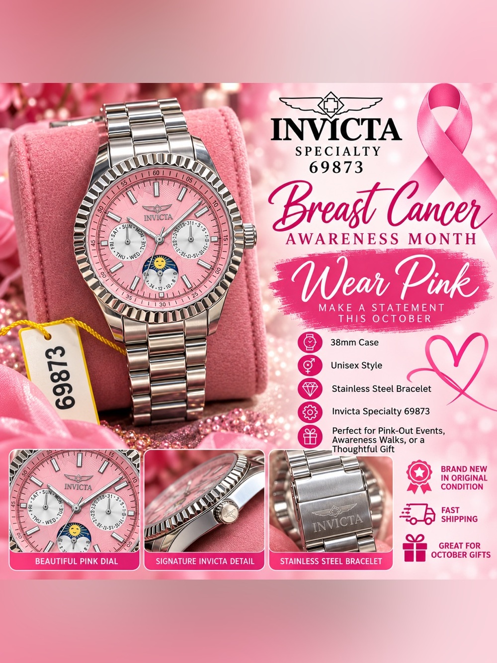 Invicta Specialty Unisex 38mm Pink Dial Stainless Steel Watch NEW